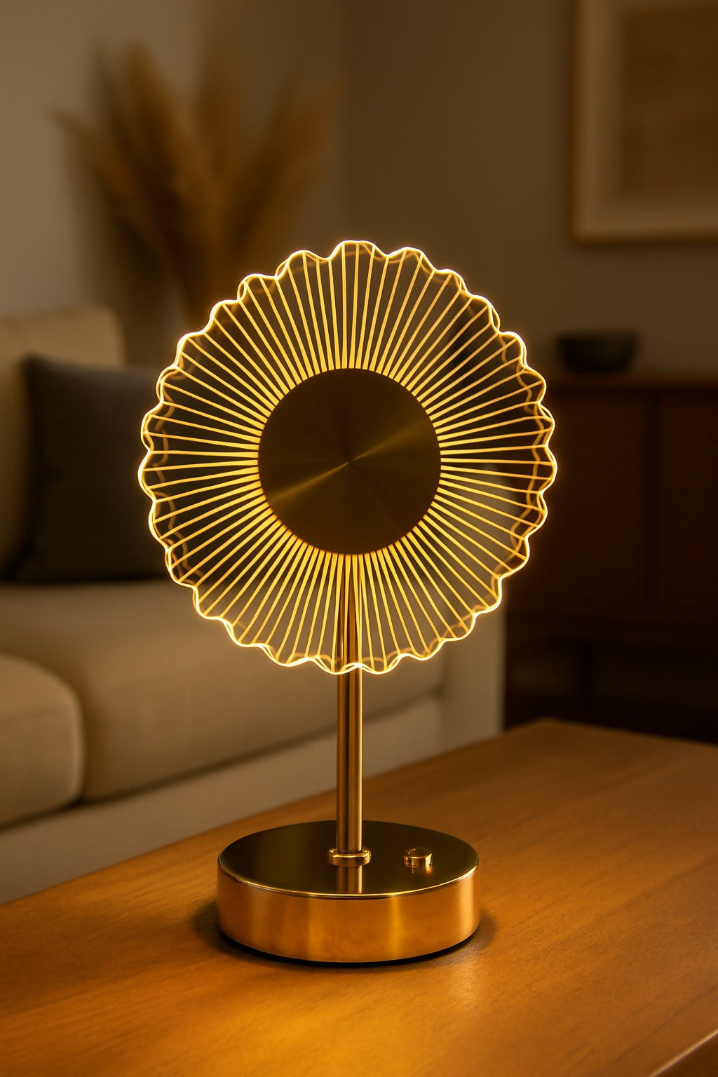 HOME DECOR Modern Radiant Sunburst LED Table Lamp – Golden Acrylic Optical Illusion Lamp with Touch Control – Decorative Ambient Light for Living Room, Bedroom, or Office