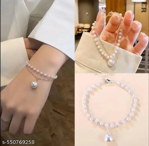 Goldplated Double Layered Adjustable Bracelet With Pearls