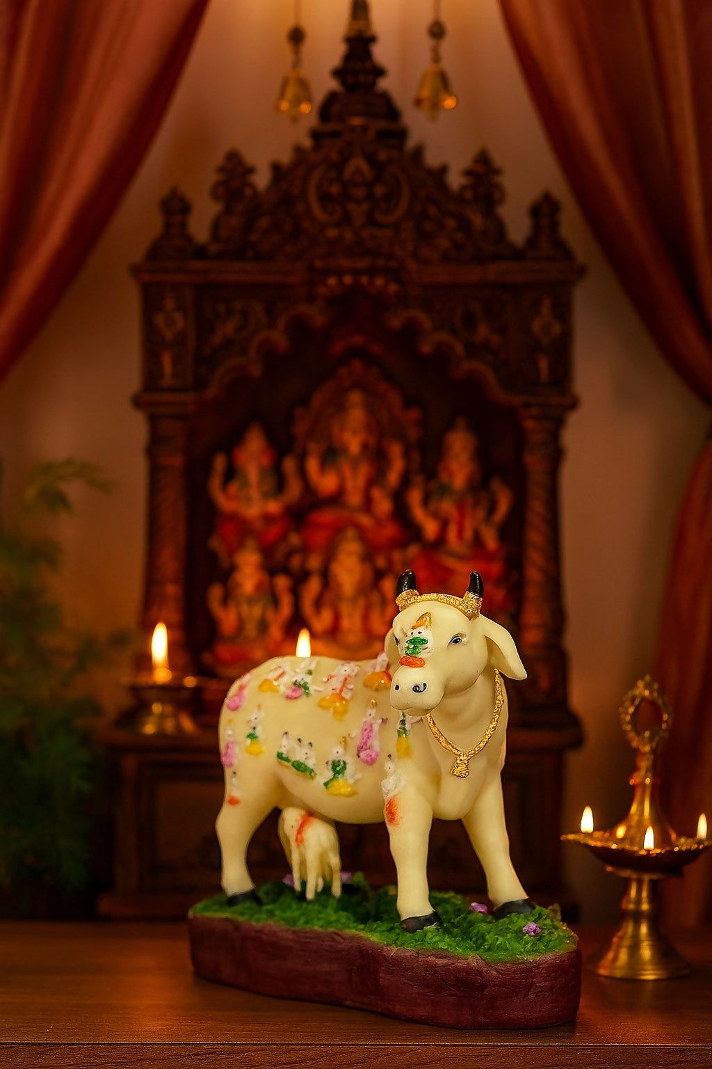 HOME DECOR Kamdhenu Cow and Calf Idol with Colorful Deities – Divine Resin Sculpture for Pooja Room, Mandir, and Home Temple Decor – Sacred Gau Mata Statue for Spiritual Gifting and Vastu Blessings