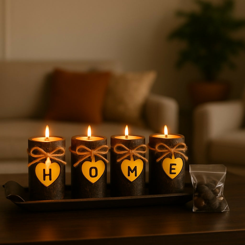 Rustic Decorative "HOME" Candle Set with Tray – Scented Pillar Candles for Living Room, Bedroom, and Housewarming Gift Decor
