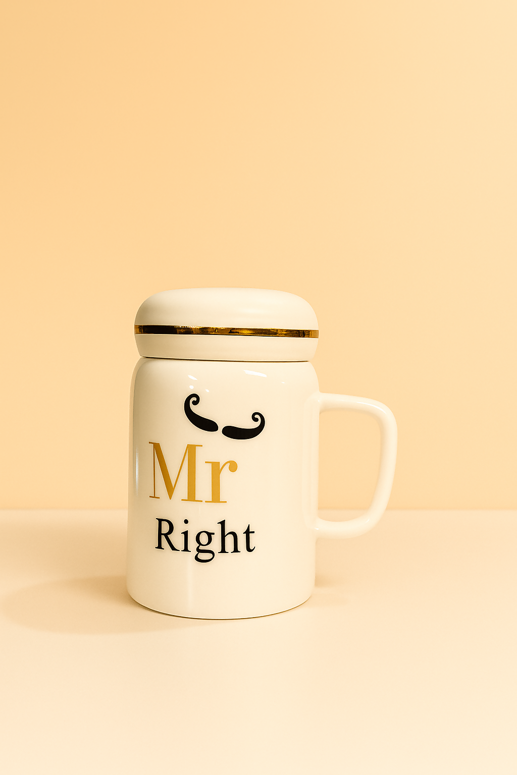 Mr Right Ceramic Mug with Lid – White Glossy Coffee Mug with Gold Accent and Mustache Design – 350ml Stylish Gift Mug for Husband, Boyfriend, or Him