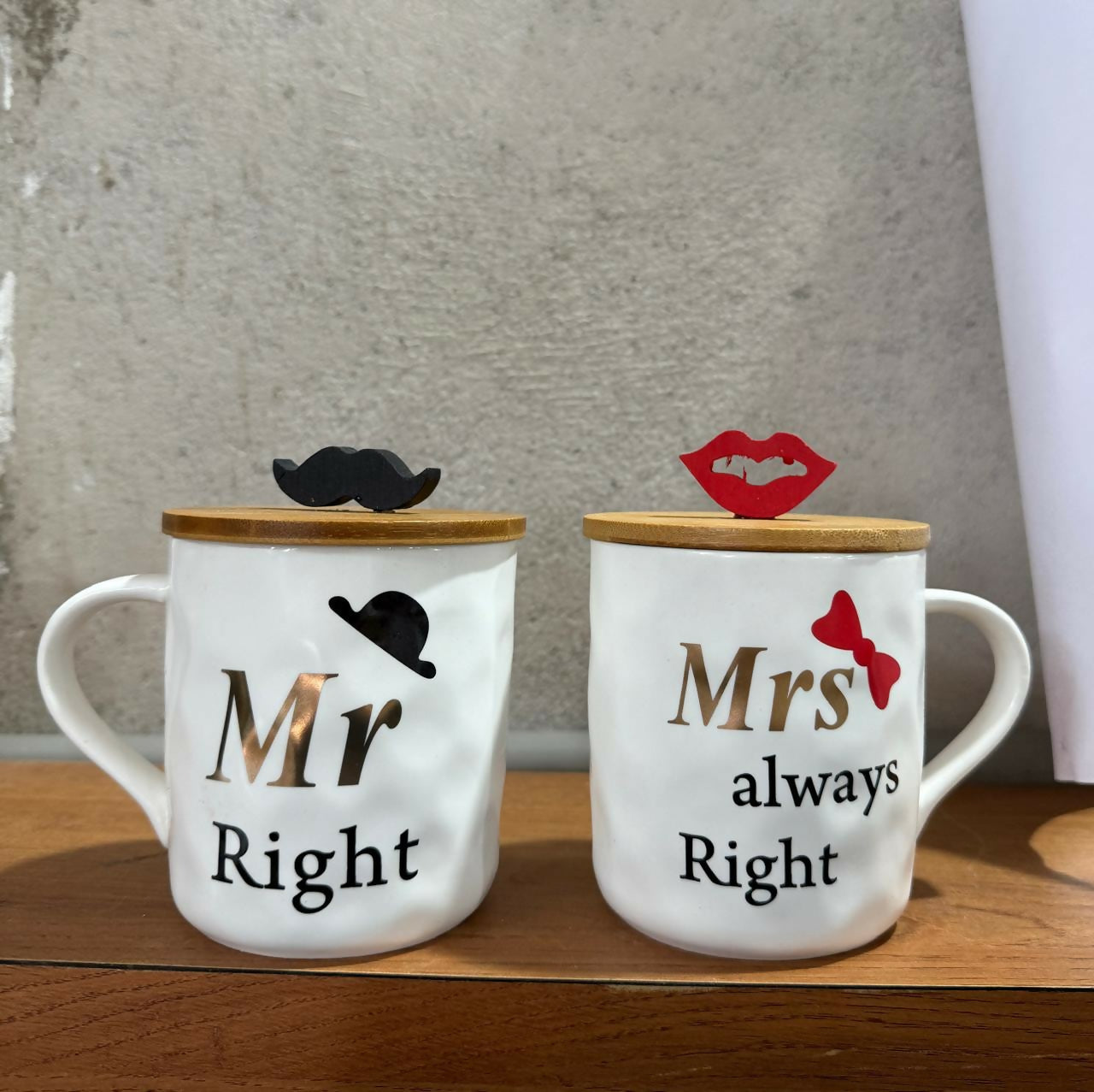 Couple Ceramic Coffee Mug Set with Wooden Lids & 3D Designs – Mr. Right & Mrs. Always Right Funny Printed Cups with Mustache & Lips Toppers – Gift Set for Husband Wife, Anniversary, Wedding, Valentine, Birthday (2 Pieces, White & Gold)
