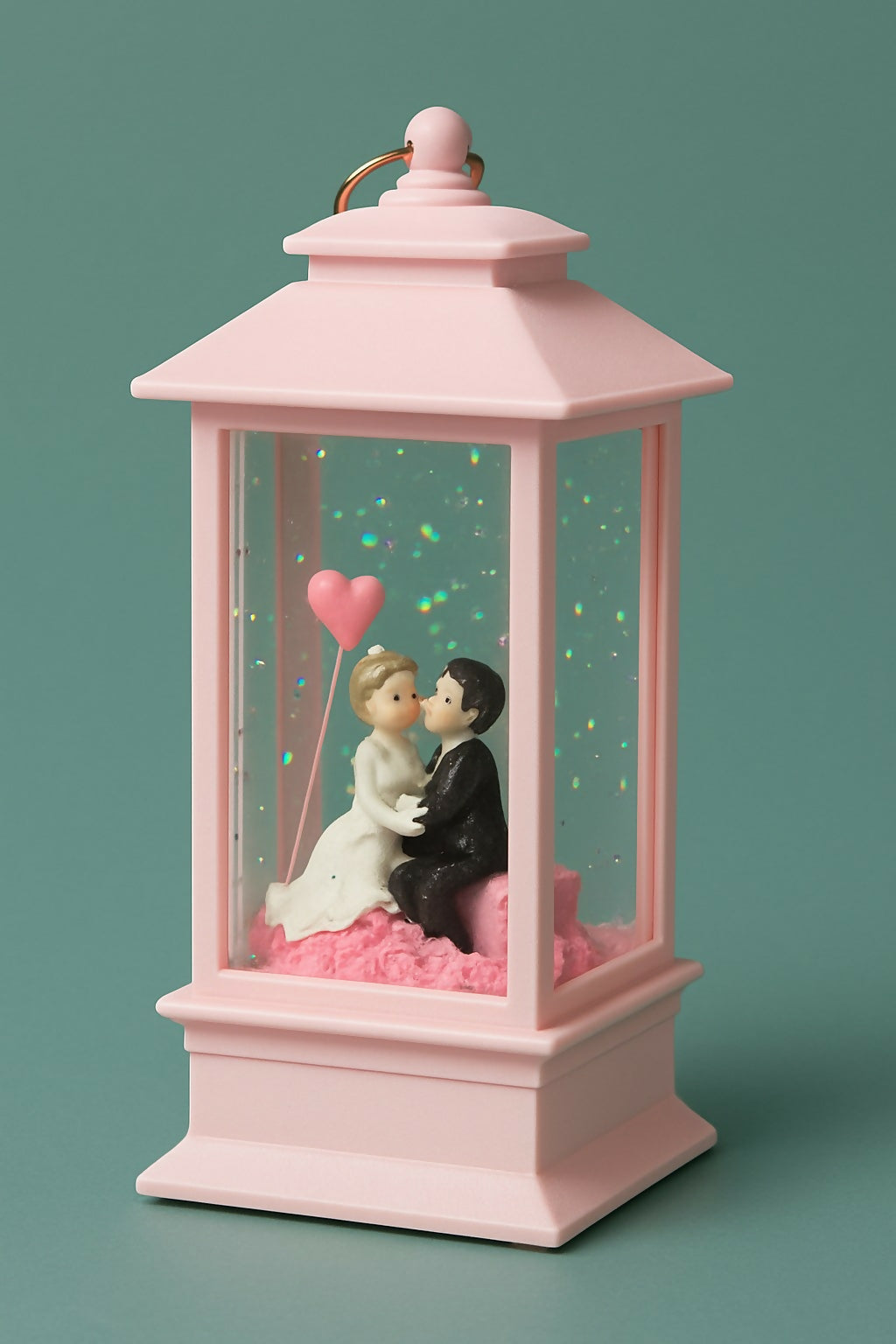 Romantic Couple Showpiece in Pink Lantern Case – Bride & Groom Figurine with Heart Balloon – Valentine’s Gift, Anniversary Decor, Love Theme Table Decoration