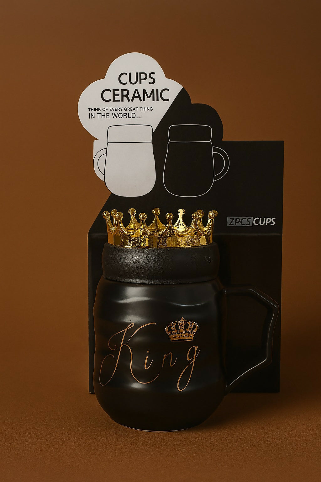 Royal Ceramic Couple Mug Gift Set – King and Queen Crown Design Mugs with 3D Gold Lid, Unique Textured Finish, Perfect Gift for Couples & Special Occasions (2Pcs)