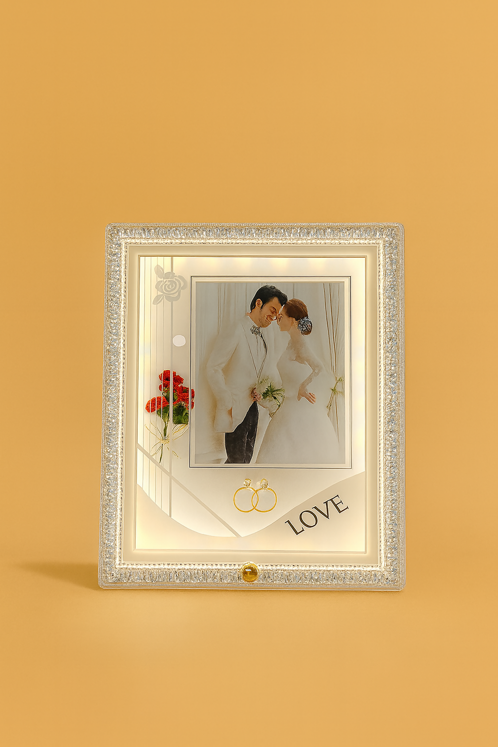 Crystal White LED Wedding Photo Frame | Elegant Square Illuminated Picture Frame with Decorative Floral Design & Rings | 4x6 Inch Couple Photo Frame | Romantic Gift for Wedding, Anniversary, Valentine’s Day & Home Décor