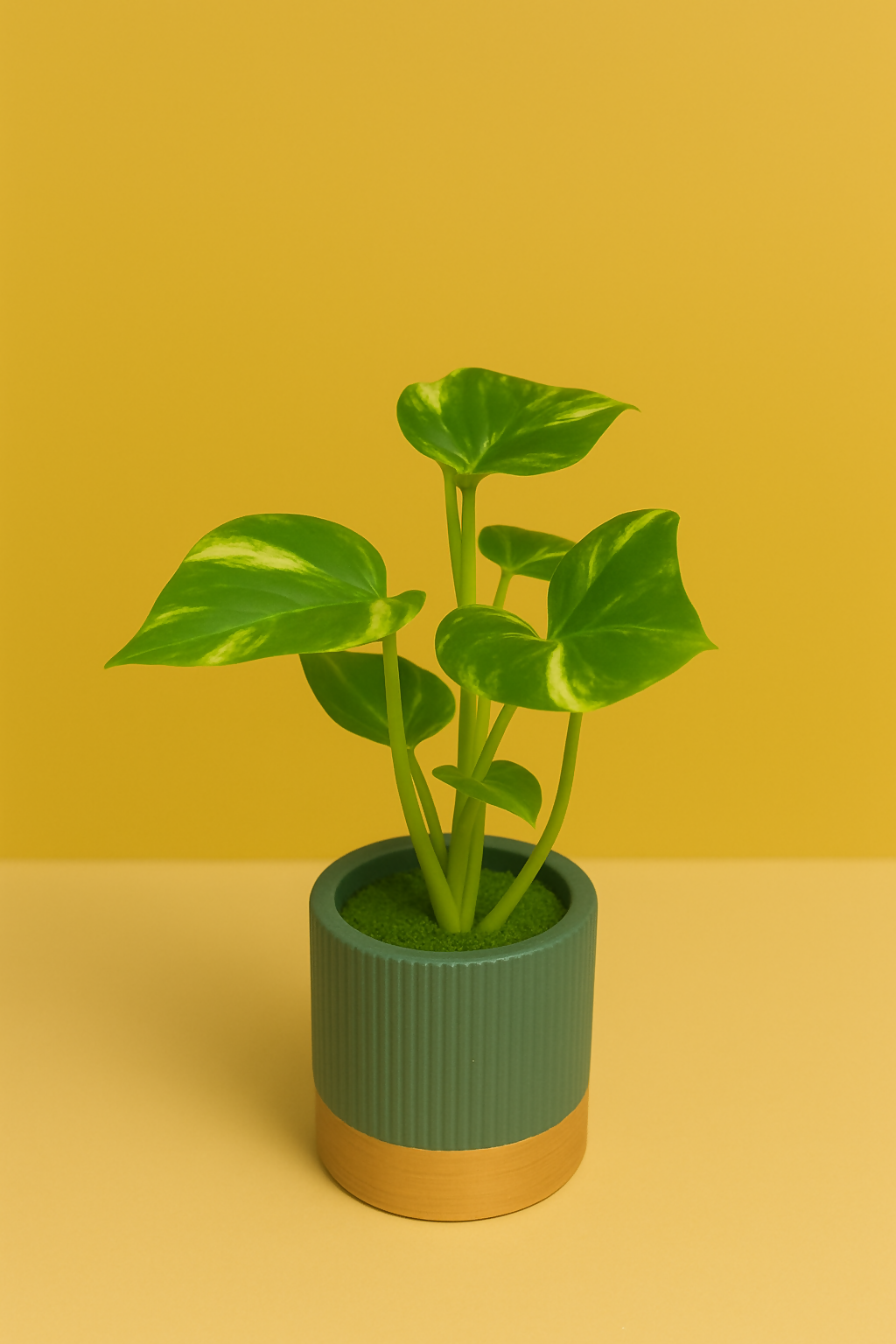 Artificial Monstera Plant in Premium Ribbed Ceramic Pot with Golden Base | Small Faux Indoor Desk Plant for Home, Office, Bedroom & Table Décor