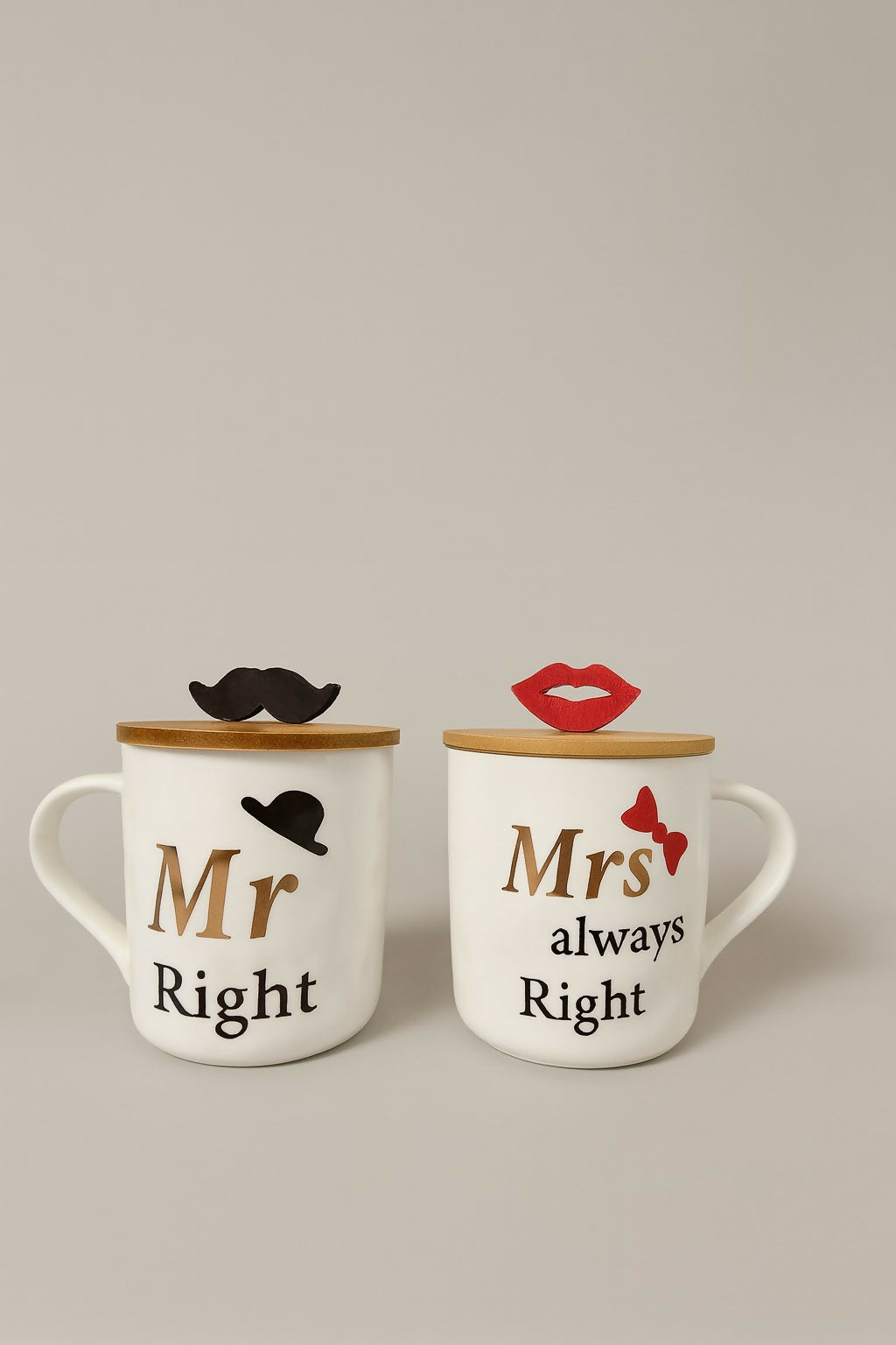 Couple Ceramic Coffee Mug Set with Wooden Lids & 3D Designs – Mr. Right & Mrs. Always Right Funny Printed Cups with Mustache & Lips Toppers – Gift Set for Husband Wife, Anniversary, Wedding, Valentine, Birthday (2 Pieces, White & Gold)