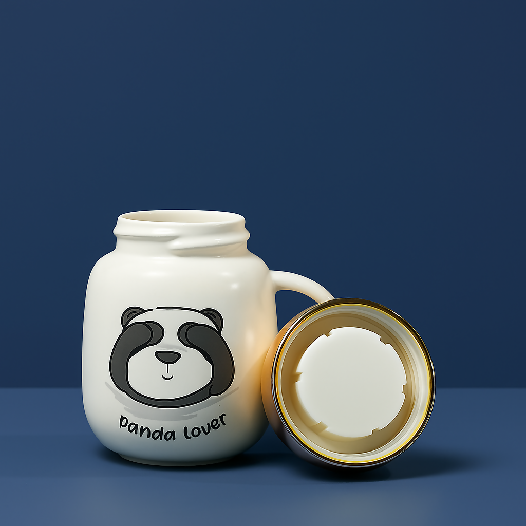 Cute Panda Ceramic Coffee Mug with Golden Lid – “I Hate Mornings” Design