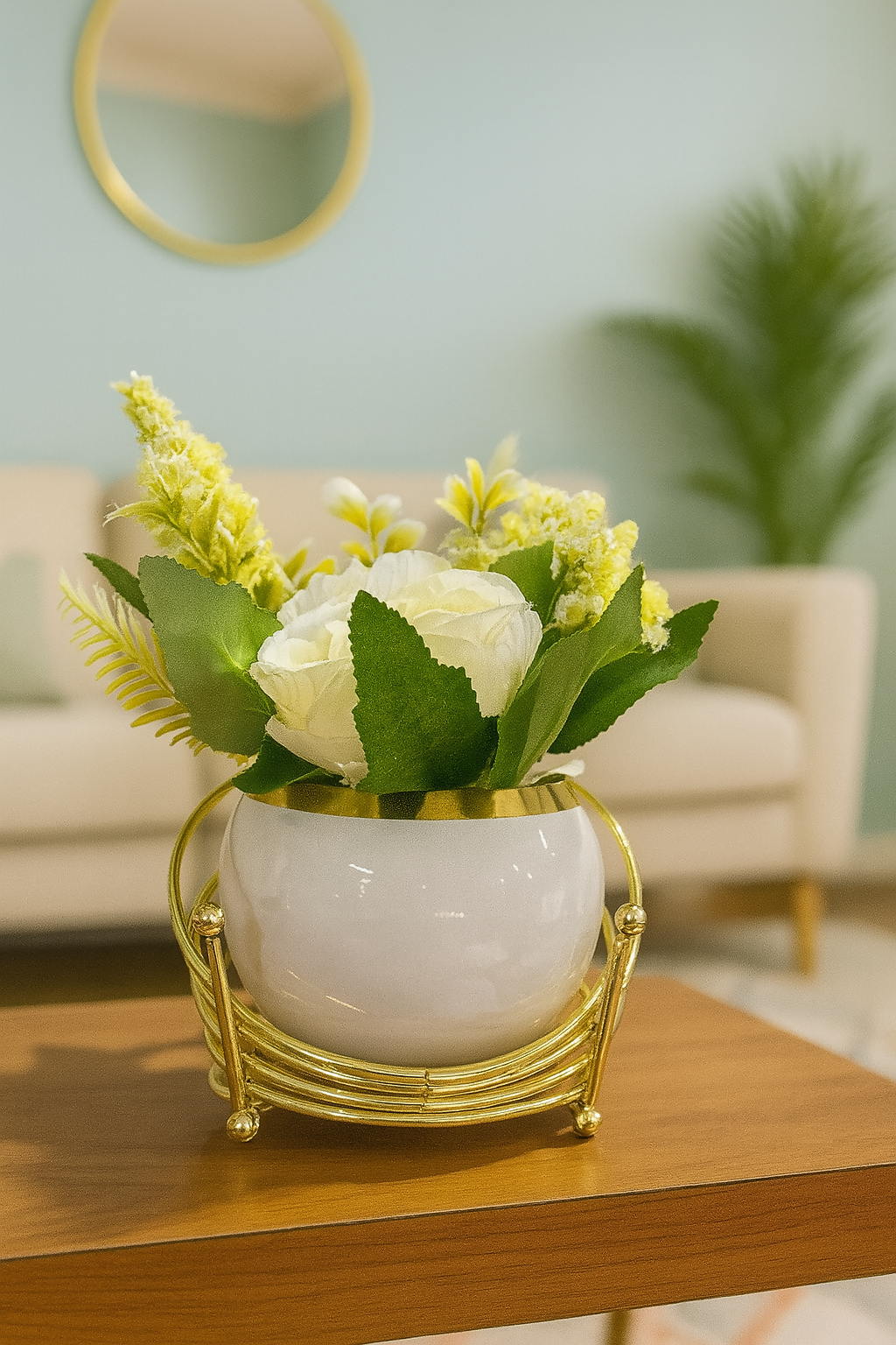 Elegant Artificial White Rose & Yellow Flower Arrangement in White Ceramic Pot with Golden Metal Stand – Faux Floral Centerpiece for Home, Office, Tabletop & Gifting