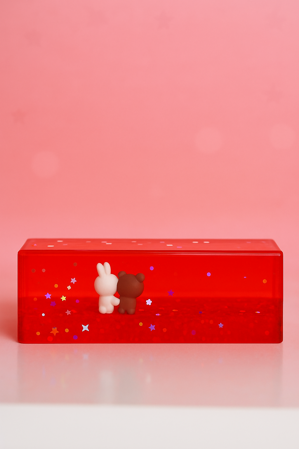 paper weight Cute Bear and Bunny LOVE Display Showpiece – Romantic Couple Figurine in Transparent Red Base Case with Star Confetti – Decorative Valentine Gift for Boyfriend, Girlfriend, Anniversary, or Home Décor