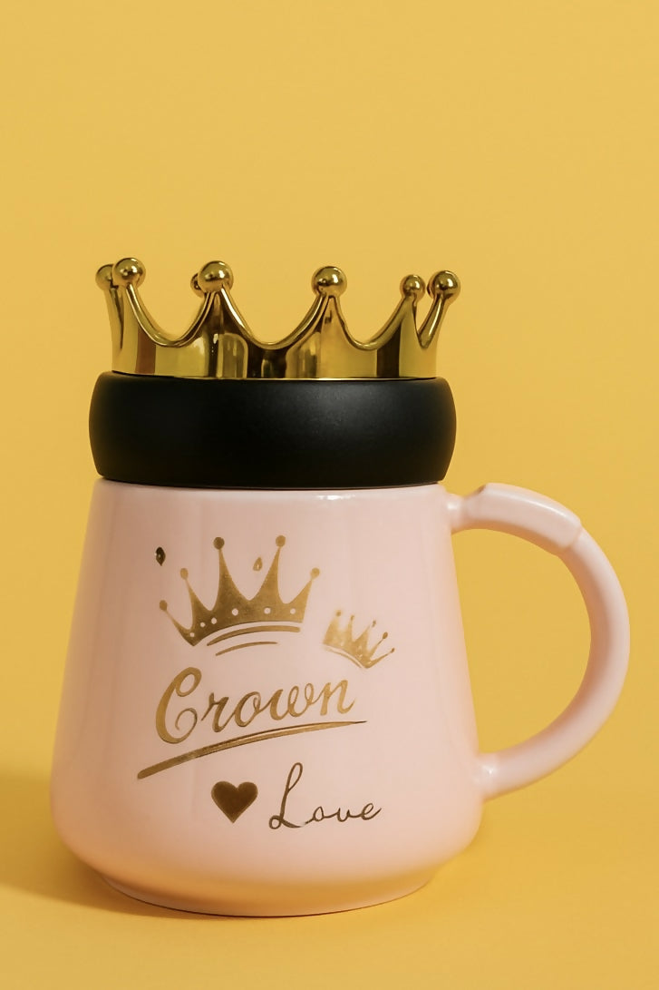 Pink Ceramic “Crown Love” Mug with 3D Golden Crown Lid – Stylish Coffee Cup for Girls, Women, Teens – Romantic Gift Mug with Heart and Crown Print – Cute Tea Cup
