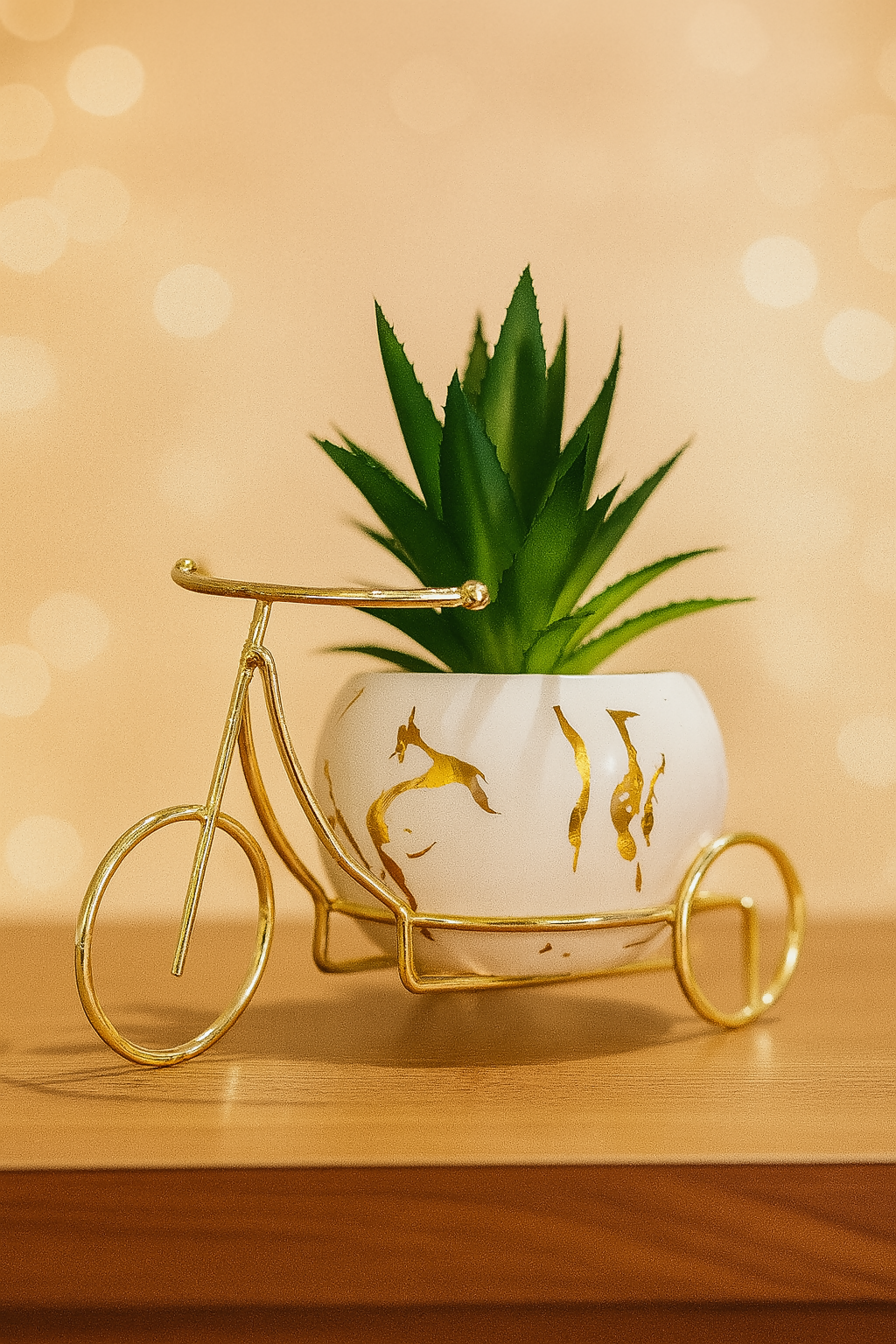Golden Cycle-Shaped Planter Stand with White Ceramic Pot & Artificial Succulent | Stylish Tabletop Plant Decor for Home, Office, and Gifting | Miniature Bike Planter Showpiece