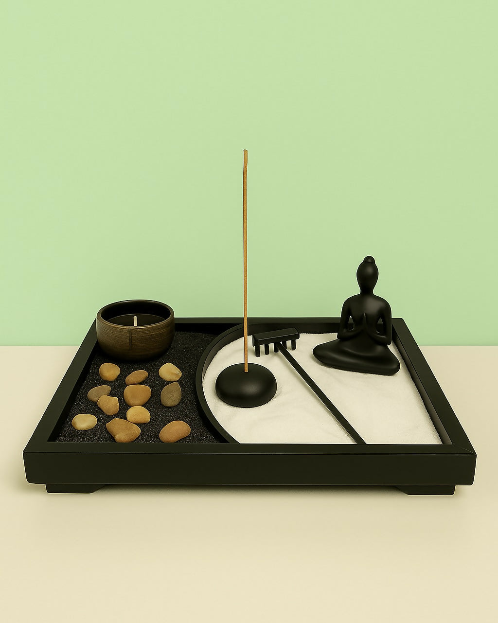 Black & White Yin Yang Mini Zen Garden – Meditation Tray with Statue, Candle Holder, Incense Stick Stand & Natural Stones – Peaceful Desk Decor