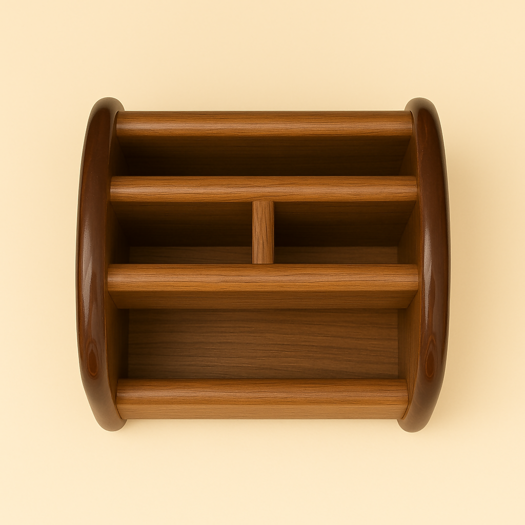 Elegant Wooden Desk Organizer with Dual-Tier Storage – Office Tabletop Caddy for Pens, Stationery, and Accessories – Premium Brown Curved Edge Design for Home and Office Deco