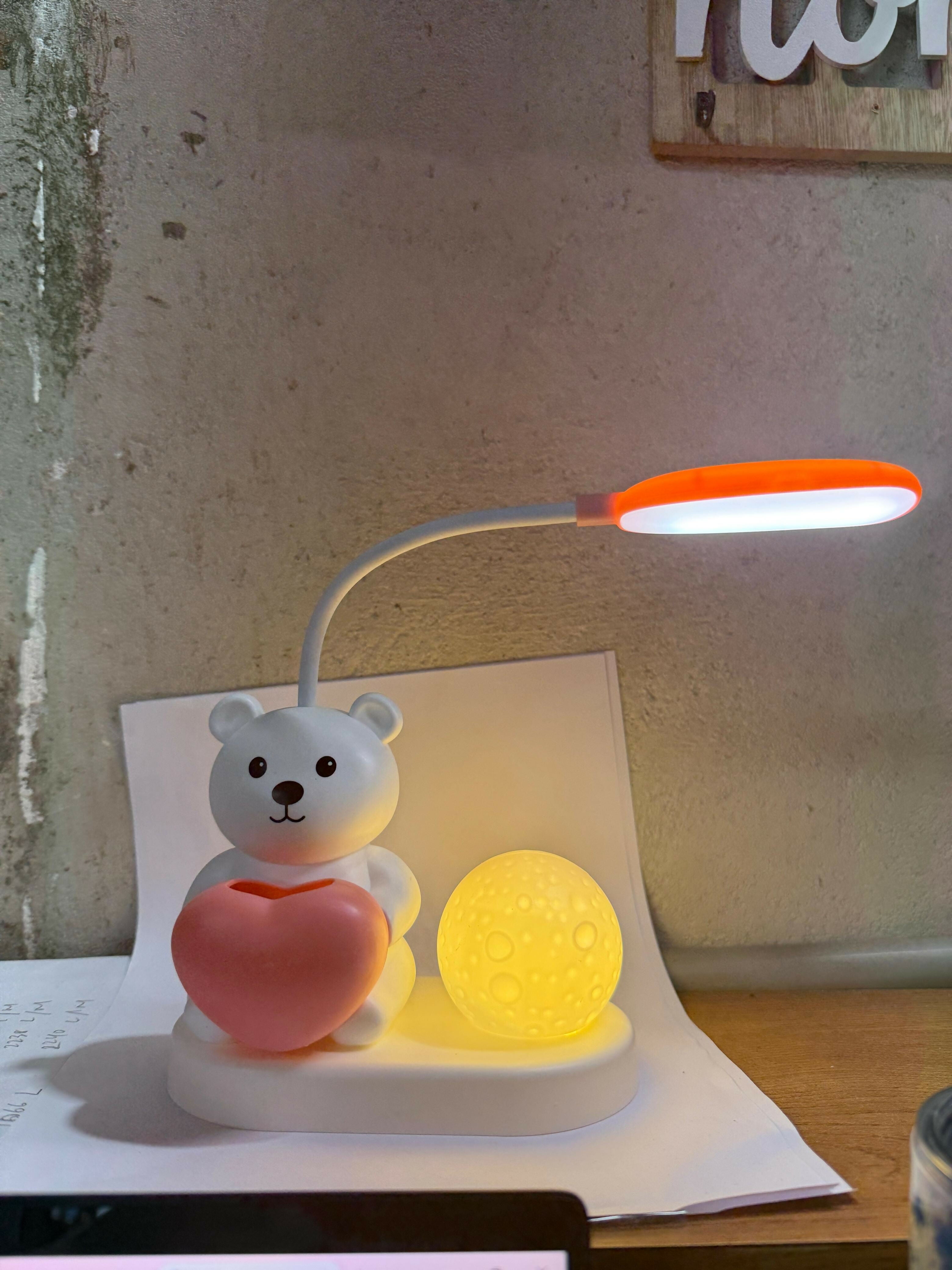 Adorable Bear Night Lamp with Heart & Moon Light – LED Desk Lamp, 360° Flexible Hose, USB Rechargeable, Colorful Lighting for Kids, Bedroom, Study Table & Home Décor