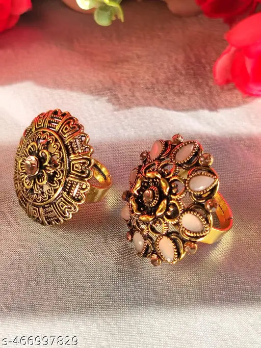 Combo of 2 Weddingwear Gold Plated Traditional FingerRings With Different Colour Stones