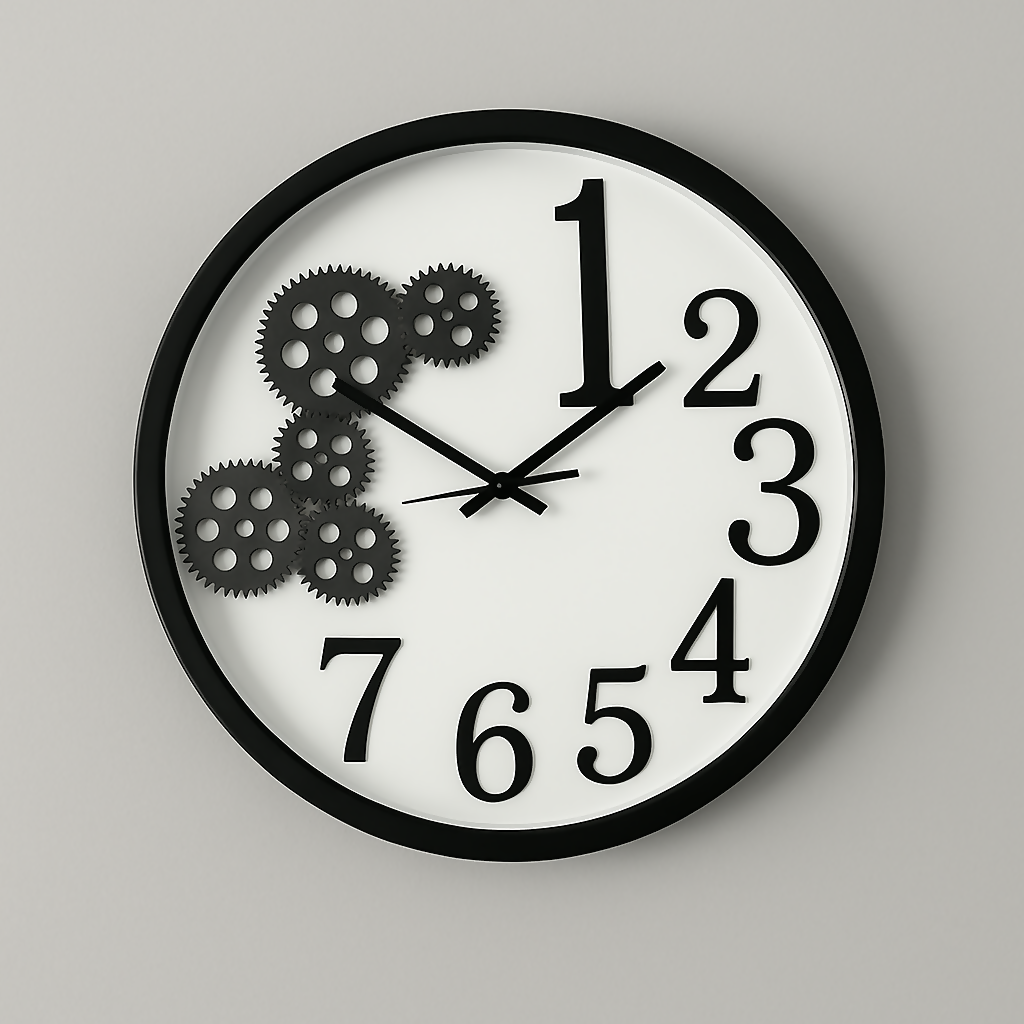 HOME DECOR Modern Industrial Wall Clock with Moving Gear Design – Black Frame Decorative Clock