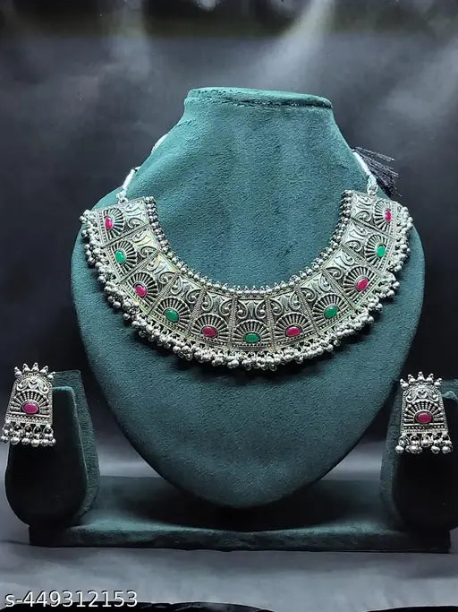 Oxidised Necklace Earring ChokarSet With Red And Green Stone