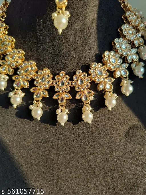 Goldplated Wedding And Festivewear Necklace Jumka And Mangtika Set With Pearlwork