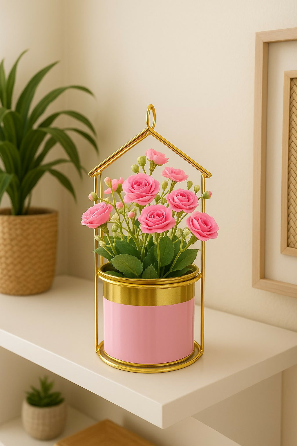 Golden Metal Frame House-Shaped Stand with Artificial Pink Roses in Glossy Pink Pot – Decorative Flower Arrangement for Home, Office, and Gift Use