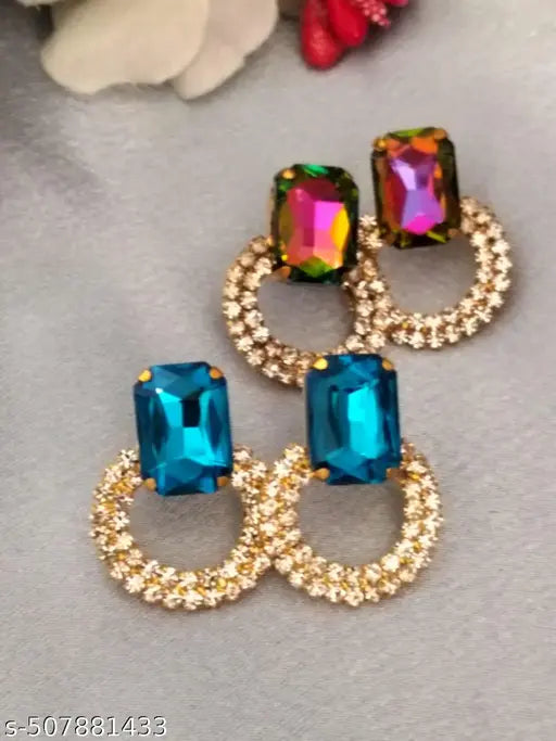 Combo of 2 Seablue and Multicolored Partywear Stud Earrings with Studded Diamonds
