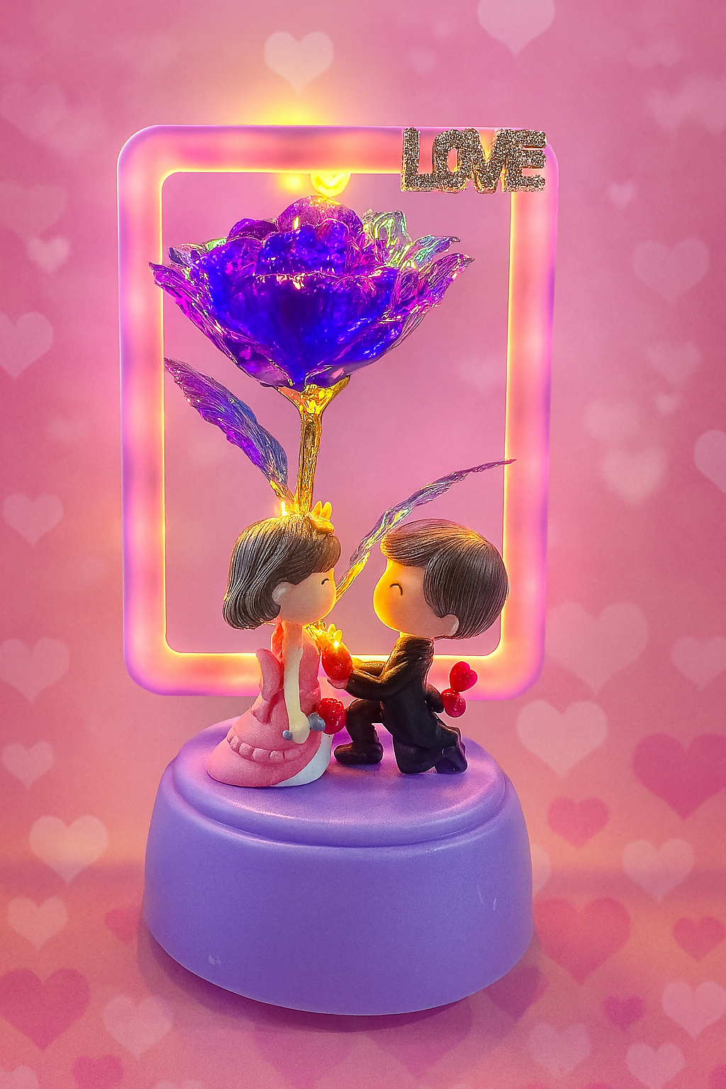 Deluxe Romantic Night Light with Figurine Couple, Iridescent Rose & Sparkling "LOVE" Inscription – Soft Lavender & Pastel Home Decor Accent with Warm Ambient Lighting for Bedroom, Living Room, or Wedding Gifts