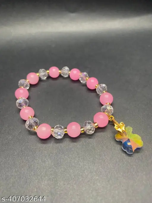 Women's Pink Crystal Healing Beads Bracelet With Hangings