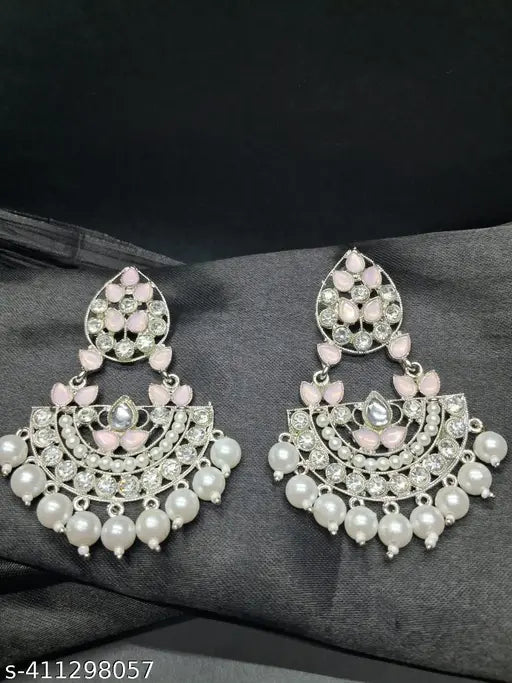 Silver Plated Traditional Handcrafted Pearl Kundan Beaded Chandbali Earrings for Women/Girls