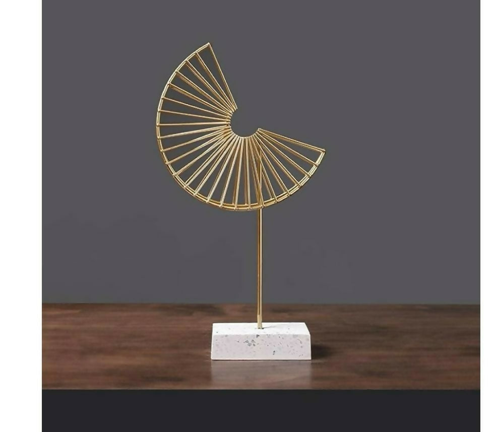 HOME DECOR Modern Golden Metal Geometric Fan Sculpture with Marble Base | Abstract Spiral Decorative Showpiece for Home, Office, or Living Room – Contemporary Art Decor Piece
