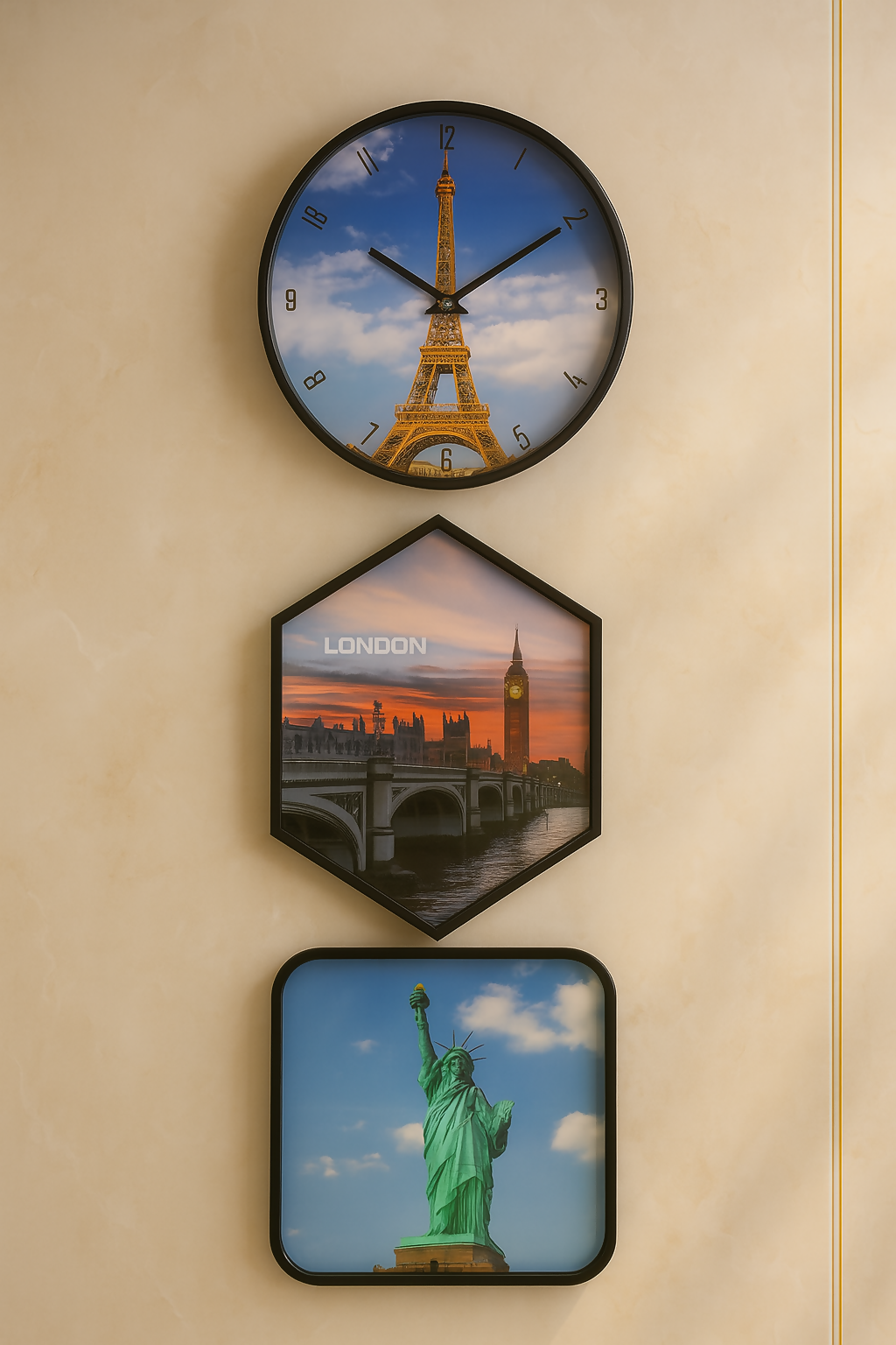 HOME DECOR 3-Piece World Landmark Wall Decor Set with Silent Paris Clock | Eiffel Tower, Big Ben, and Statue of Liberty Art Prints – Modern Travel-Themed Wall Art for Home, Office, Living Room & Study