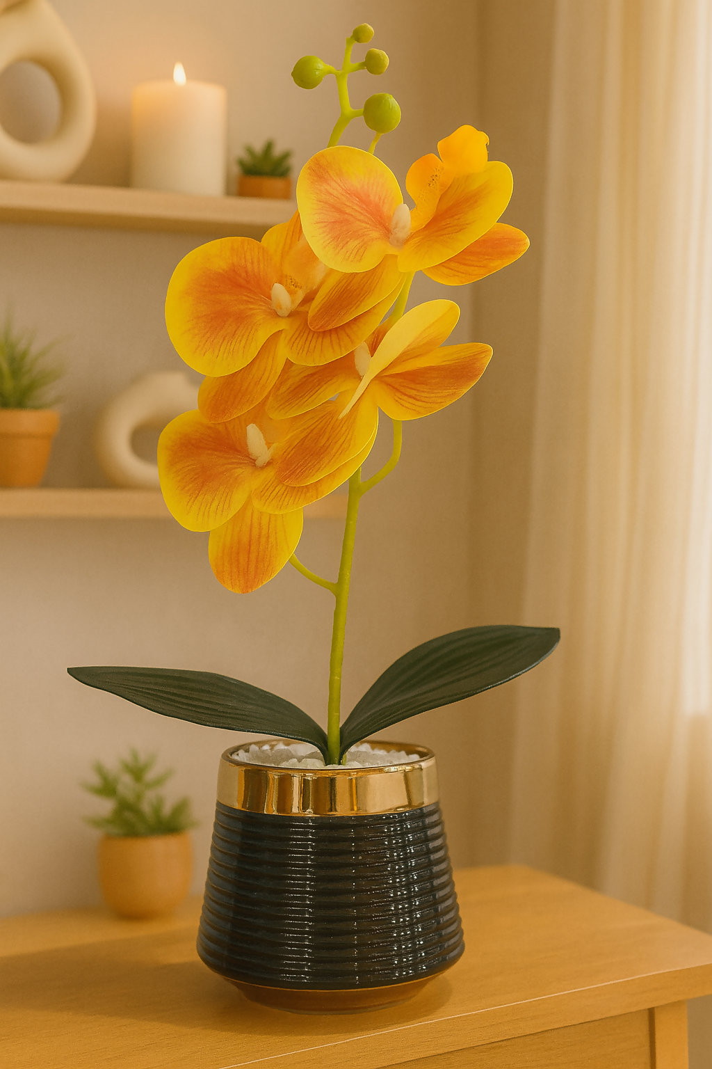 Premium Artificial Yellow Orange Orchid Flower Plant in Glossy Black Ceramic Pot – Decorative Faux Orchid with White Pebbles for Home, Office, Living Room & Gifting