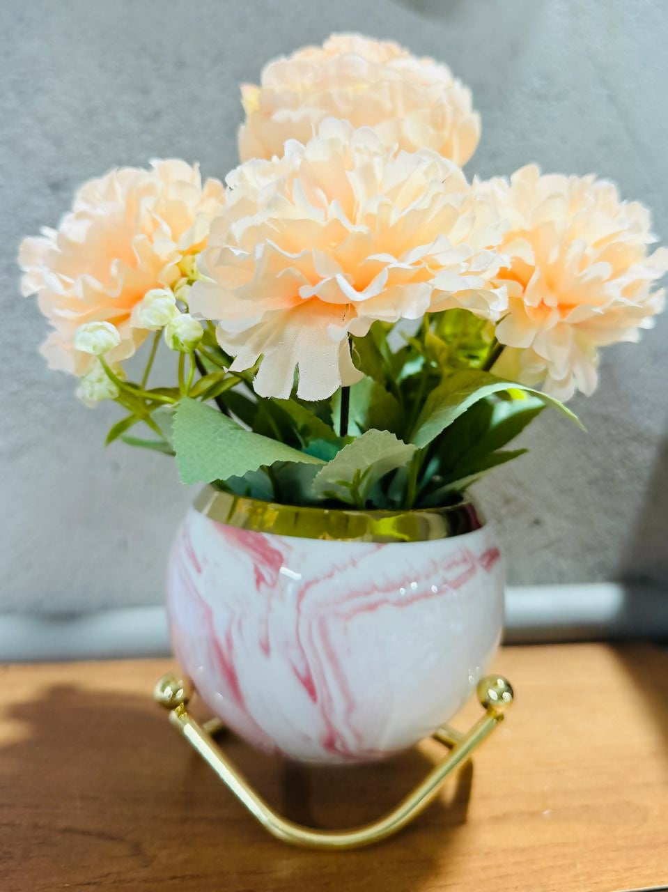 Luxury Artificial Peach Peony Flower Arrangement in White & Pink Marble Finish Ceramic Pot with Gold Rim and Stand – Elegant Table Centerpiece for Home, Office, and Gifting