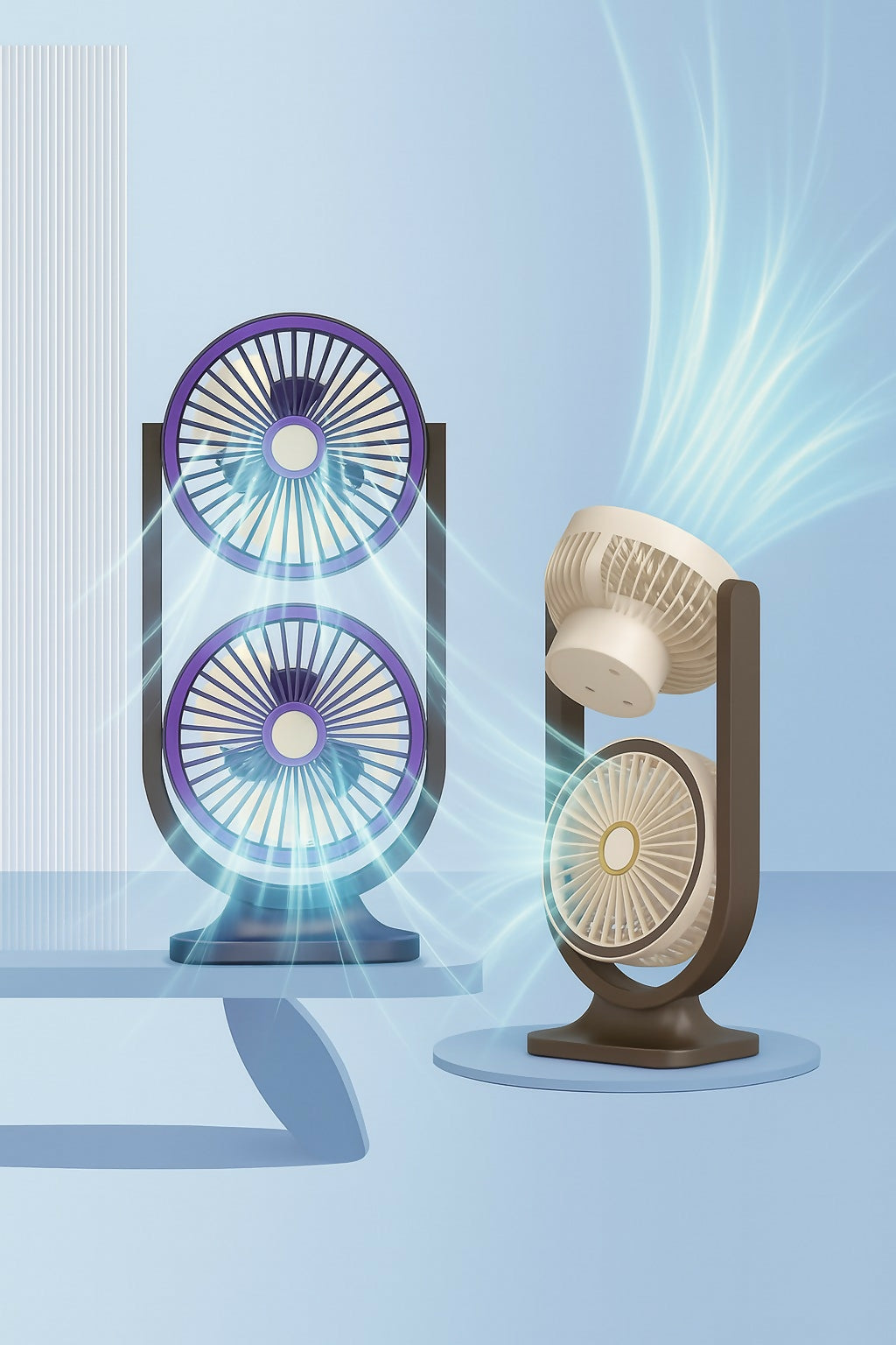 Double Head Circulating Desk Fan – Dual Blade USB Rechargeable Table Fan with Quiet Operation & Modern Gray-Purple Design – Powerful Cooling Airflow for Home Office, Study Table, or Bedroom Use