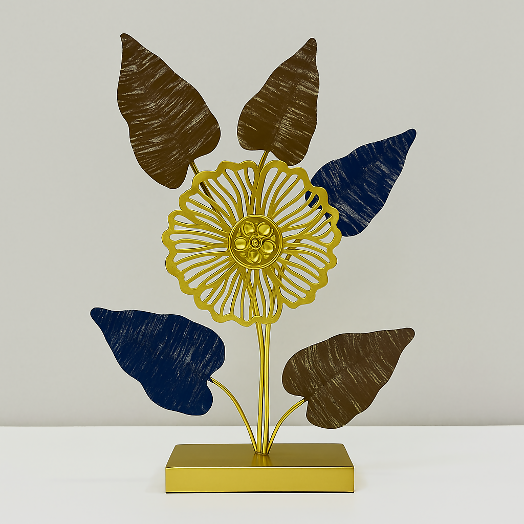 HOME DECOR Modern Metal Flower Table Decor – Golden Floral Showpiece with Blue & Brown Leaves