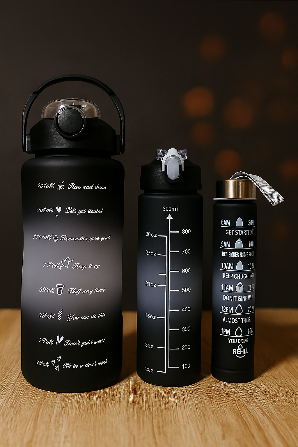 HydroPulse Motivational Water Bottle Set – 3-Pack (300ml to 1L) with Time Markers & Straw Lid – BPA-Free Matte Finish – Black