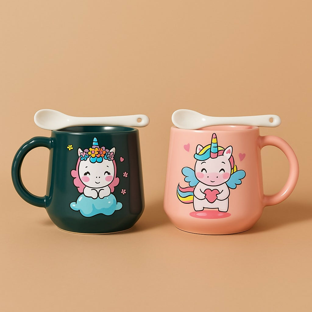 Unicorn Cartoon Ceramic Mug Set of 2 with Spoons – Cute Multicolor Gift Set for Kids & Couples – Adorable Pink and Green Coffee Mugs with 3D Unicorn Prints – Perfect for Birthday, Return Gift or Friendship Gift
