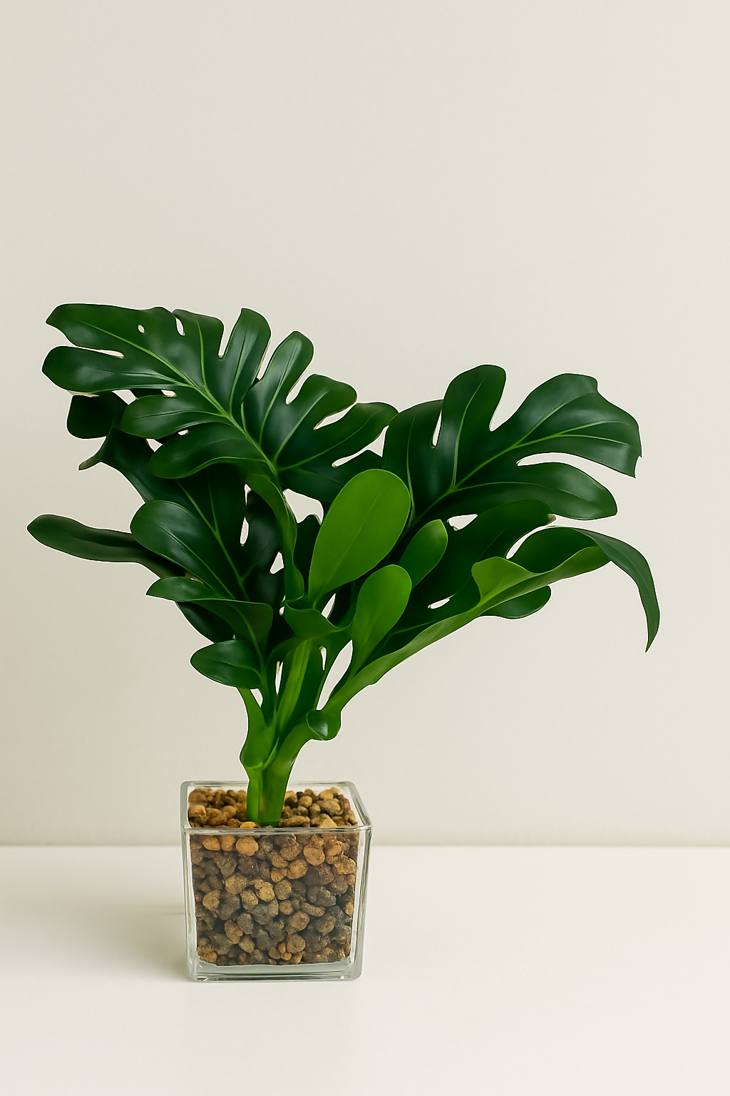 "Lifelike Artificial Monstera Plant in Transparent Square Pot with Decorative Pebbles – Real Touch Tropical Faux Greenery for Home, Office & Tabletop Décor – Ideal Gift for Housewarming, Birthdays, or Festive Celebrations"
