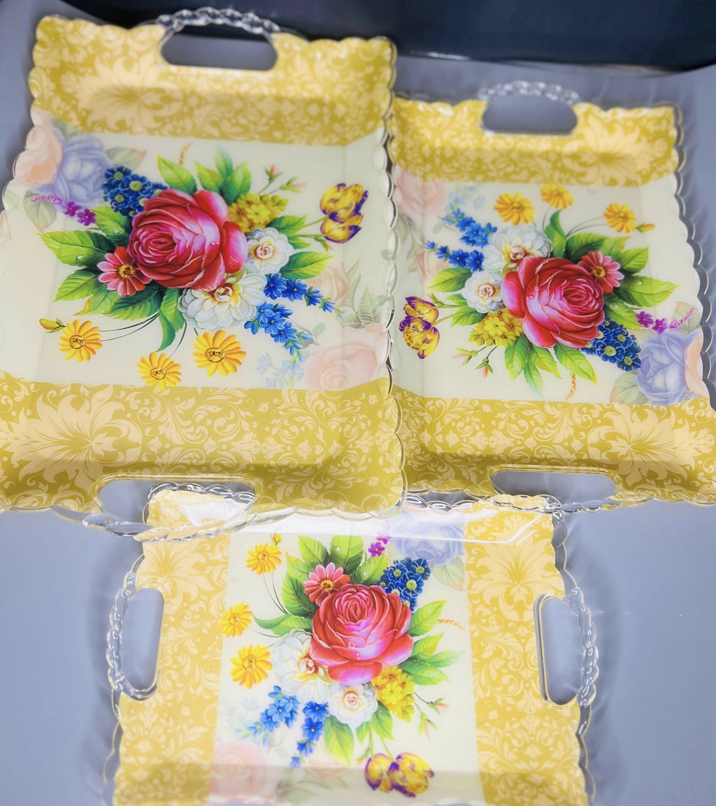 Elegant Floral Print Plastic Serving Tray Set – Pack of 3 (Golden Yellow with Multicolor Flowers)