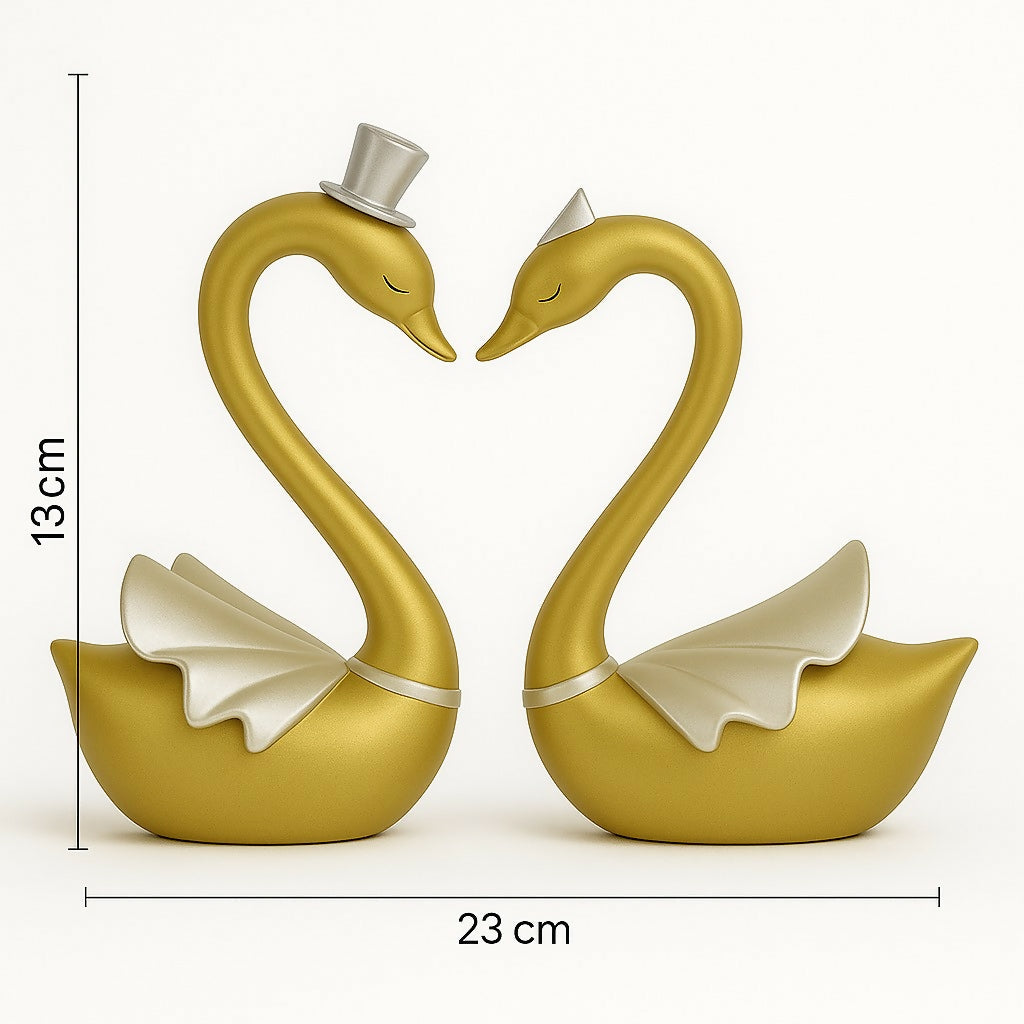 HOME DECOR Golden Swan Couple Showpiece – Romantic Resin Love Bird Figurine with Silver Accents
