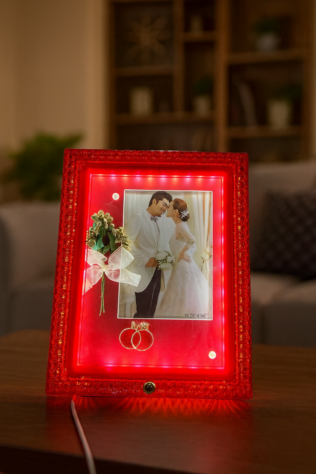 LED Light Wedding Photo Frame for Home Décor | Romantic Red Glow Picture Frame with Decorative Flowers & Rings | 4x6 Inch Couple Photo Frame | Anniversary, Valentine Gift, Bedroom & Living Room Decoration
