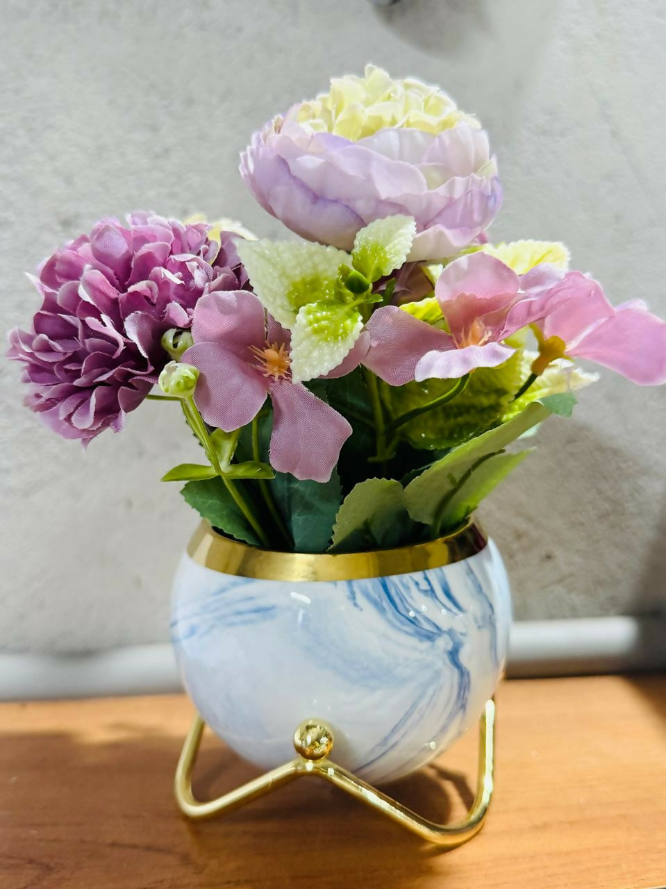 Luxury Artificial Mixed Flower Arrangement in Blue Marble Finish Ceramic Pot with Gold Rim – Elegant Home Décor Table Centerpiece with Metal Stand for Living Room, Office, and Gifting