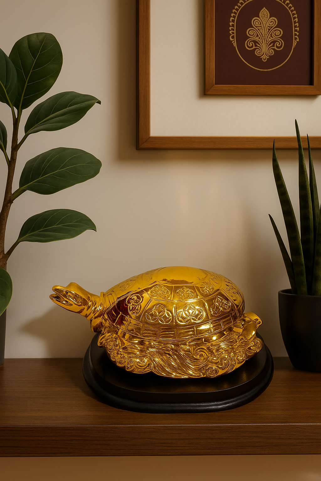 Luxury Golden Feng Shui Turtle Idol on Decorative Base – Prosperity and Vastu Tortoise Showpiece for Home & Office Decor, Wealth & Good Luck Symbol