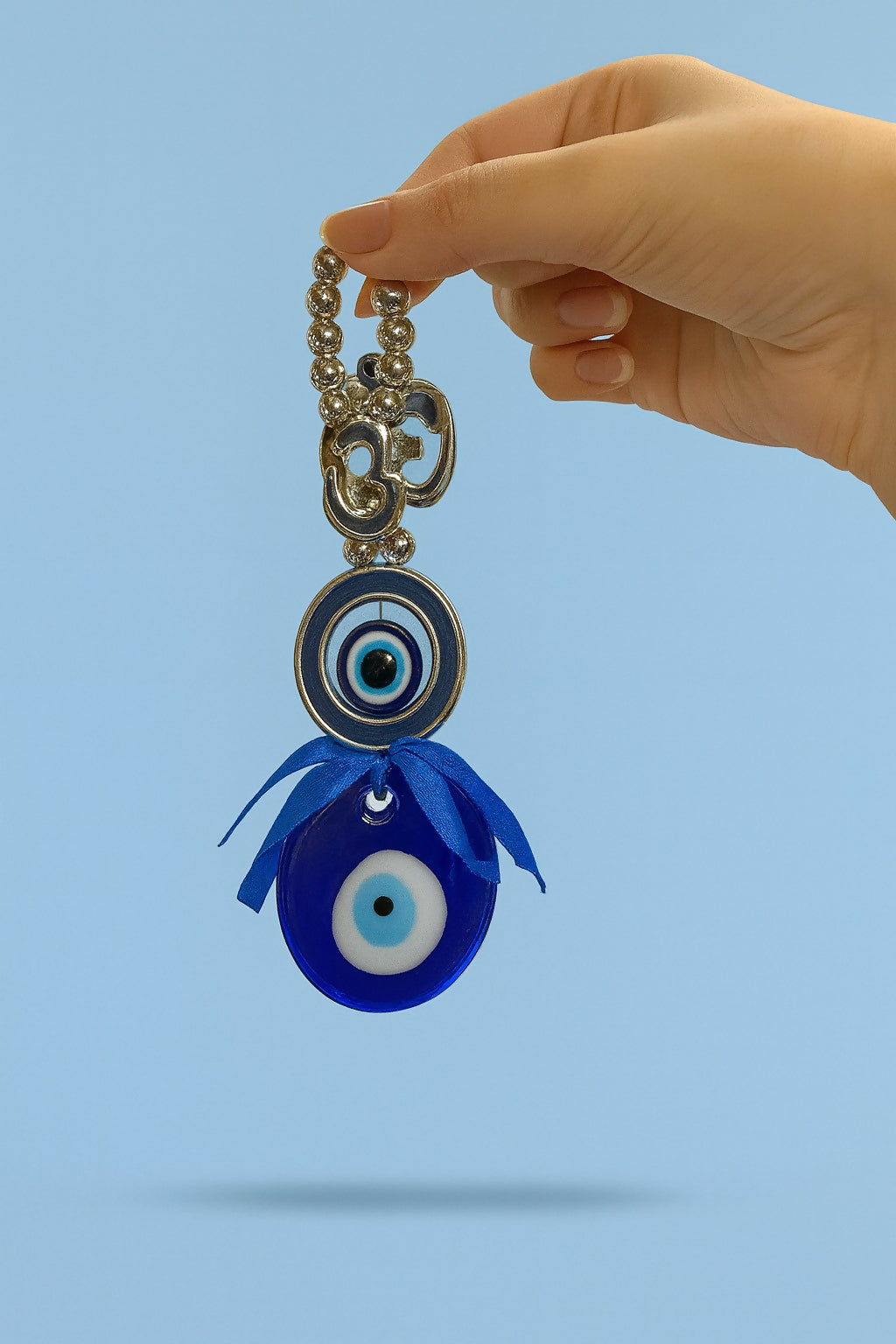 Om Evil Eye Wall Hanging with Blue Ribbon | Spiritual Protection & Positive Energy Decor for Home, Car & Office