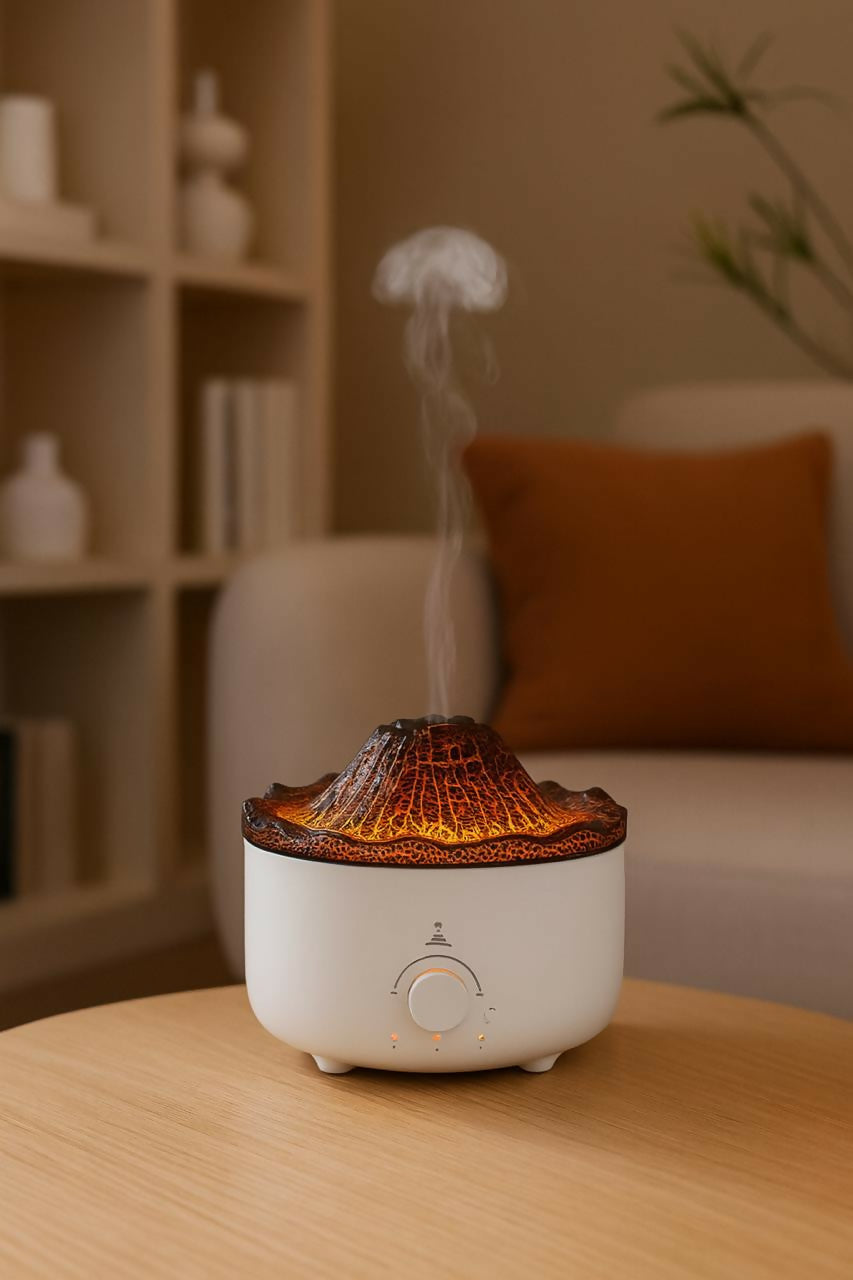 HOME DECOR Flame Effect Ultrasonic Humidifier – 3D Volcano Design Aroma Diffuser with Adjustable Mist, Ambient LED Lighting, Essential Oil Compatible, Quiet Operation for Bedroom, Office & Home Déco