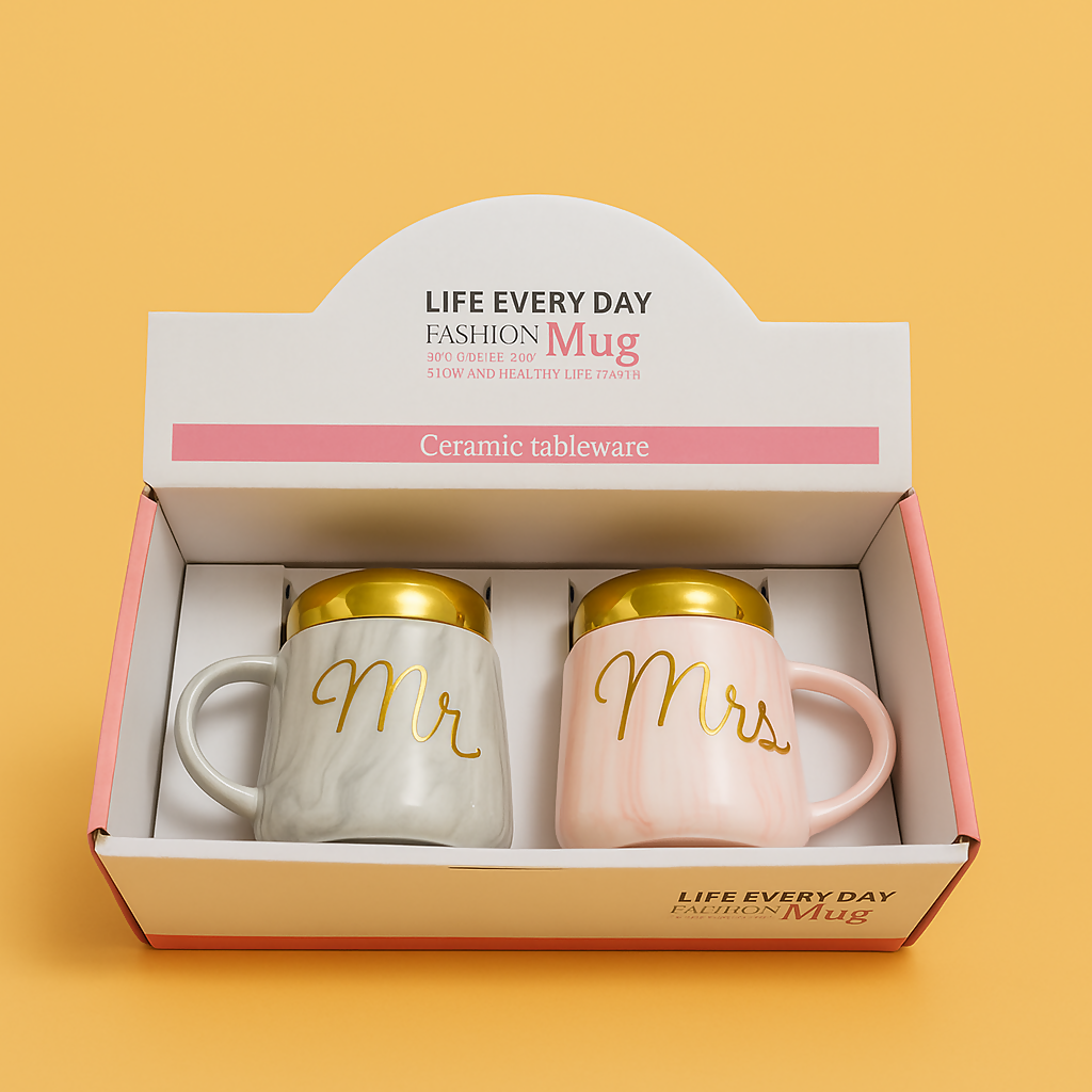 Marble Finish Mr and Mrs Ceramic Mug Set with Golden Lids – Grey & Pink Couple Coffee Mugs in Gift Box – Premium Tea Cups for Anniversary, Engagement, Valentine’s Day – Ceramic Tableware Set