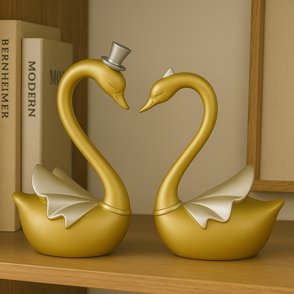 HOME DECOR Golden Swan Couple Showpiece – Romantic Resin Love Bird Figurine with Silver Accents