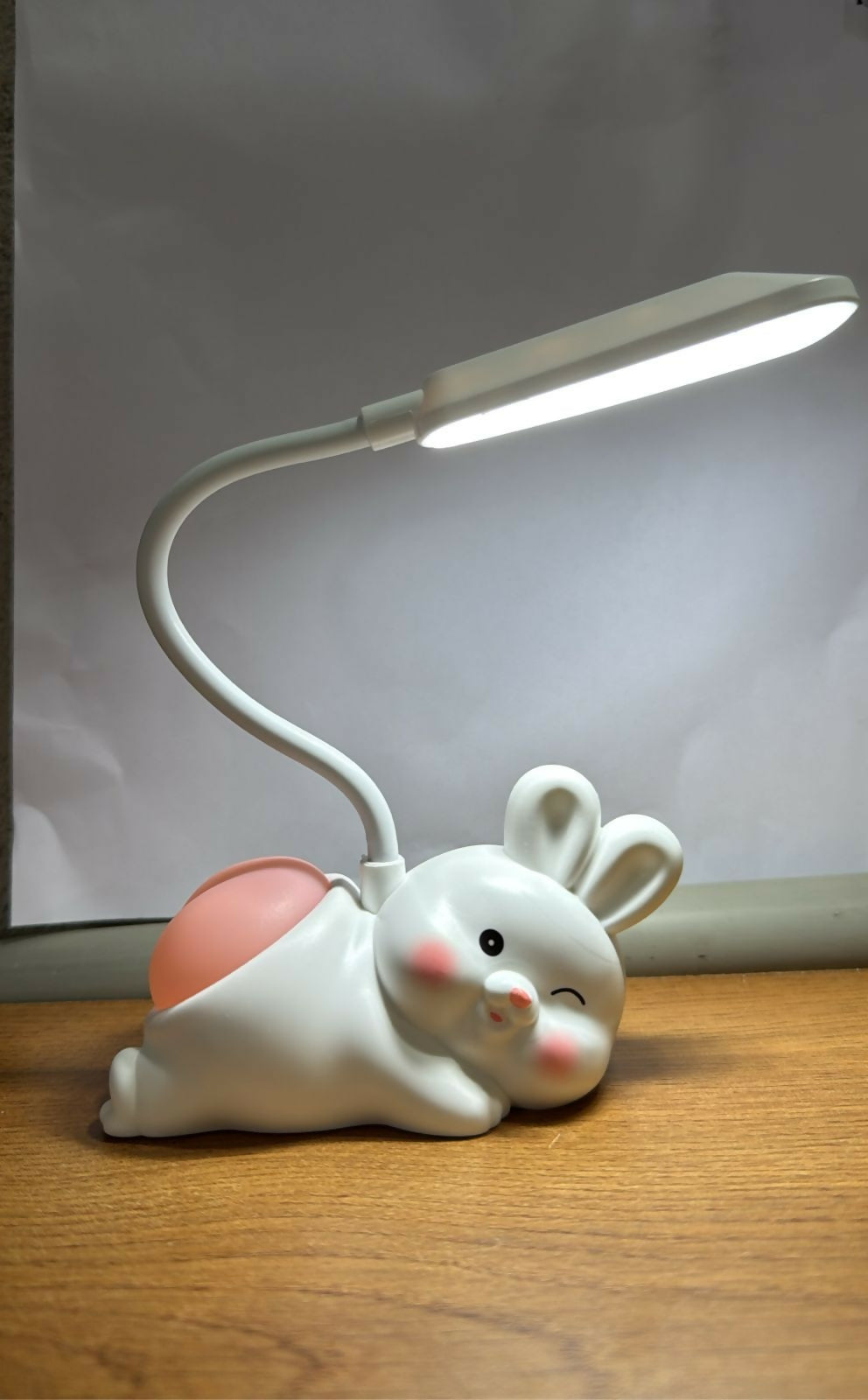 Cute Lying Bunny LED Desk Lamp with Night Light – USB Rechargeable Flexible Gooseneck Eye Protection Study Light for Kids, Bedroom & Study Table Décor