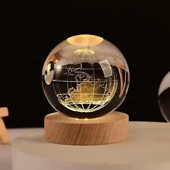 Illuminated 3D Crystal Globe LED Night Lamp with Wooden Base – Engraved Earth Map Decorative Light for Desk, Office, or Bedroom – Elegant Geographical Gift for Space Lovers, Explorers, and Travel Enthusiasts