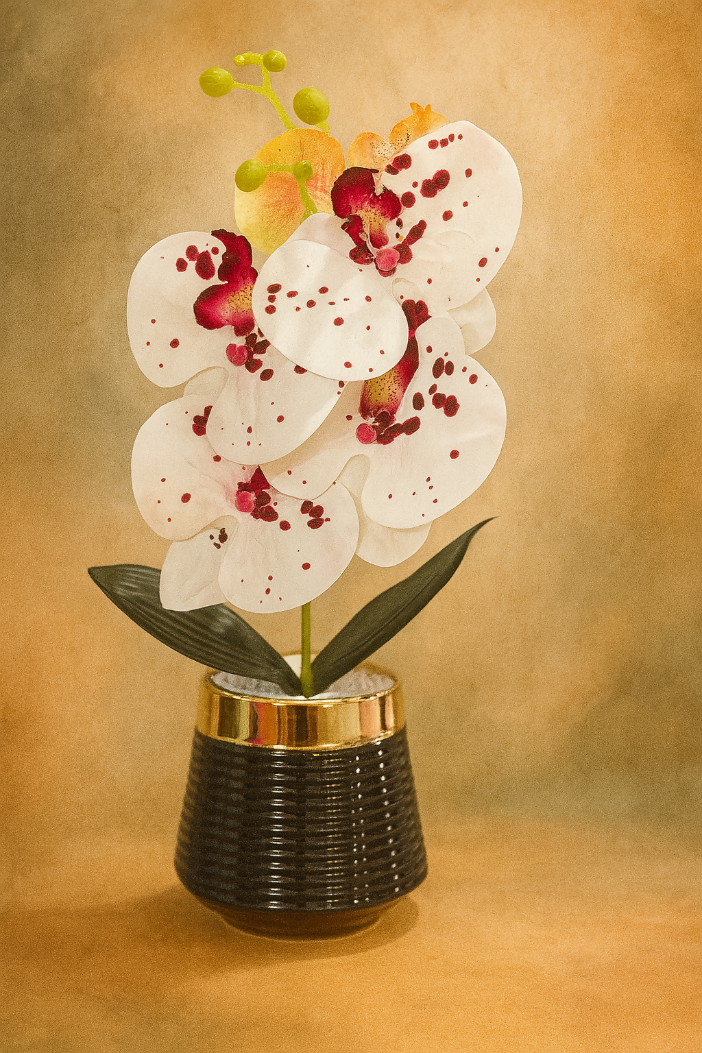 Premium Artificial Spotted White Orchid Flower Plant in Glossy Black Ceramic Pot – Faux Orchid with Red Accents and White Pebbles for Home, Office, Tabletop & Gifting