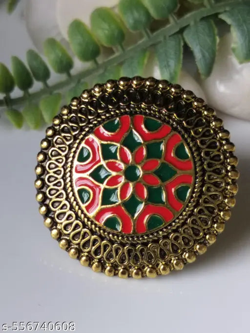 Goldplaated Oxidised Adjustable Big Finger Ring With Red and Green work